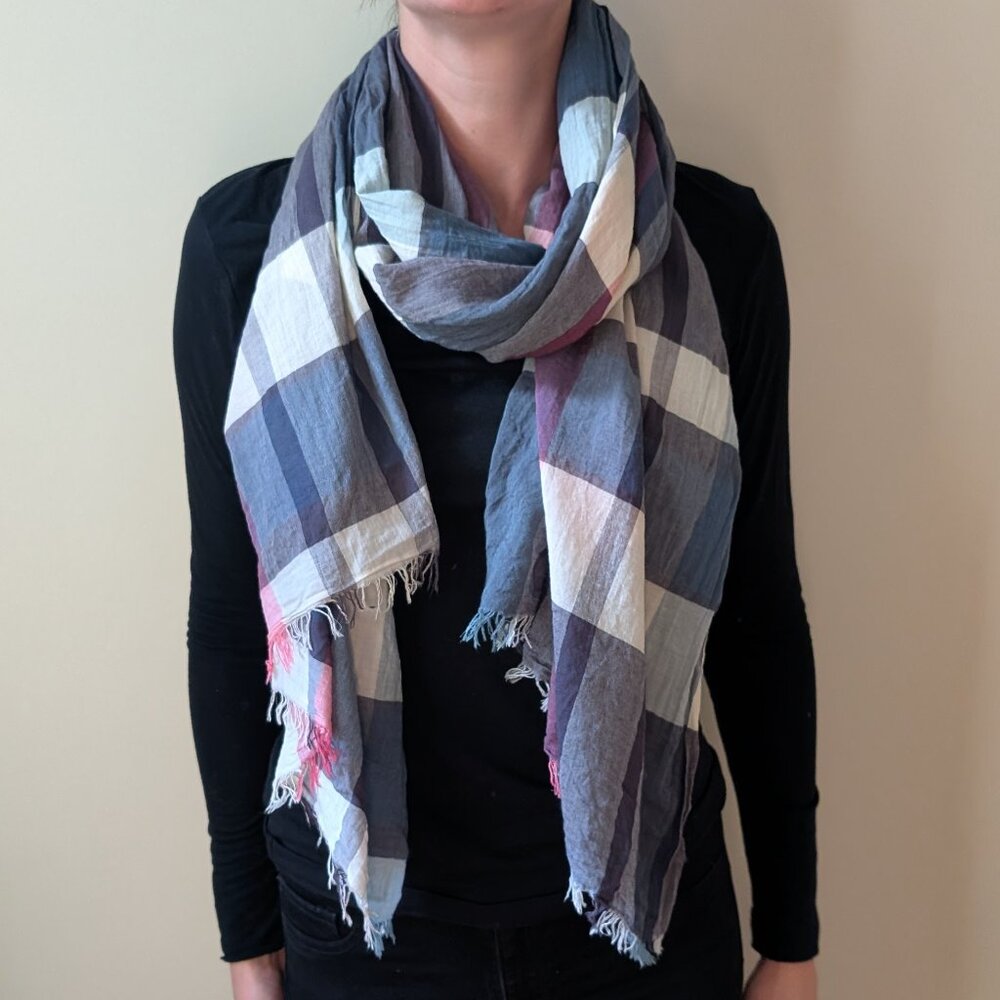 Women's Plaid Cotton Scarf Shawl 76" x 32" Gray, Pink, White